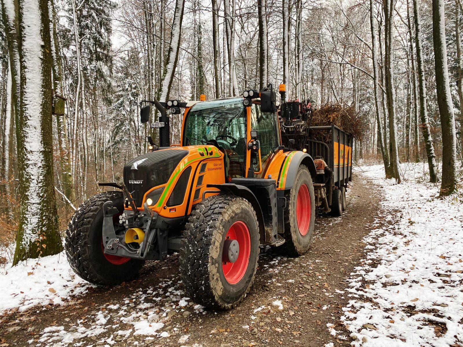 Fendt 720 mit vollbeladenem Anhänger in verschneiten Wald.